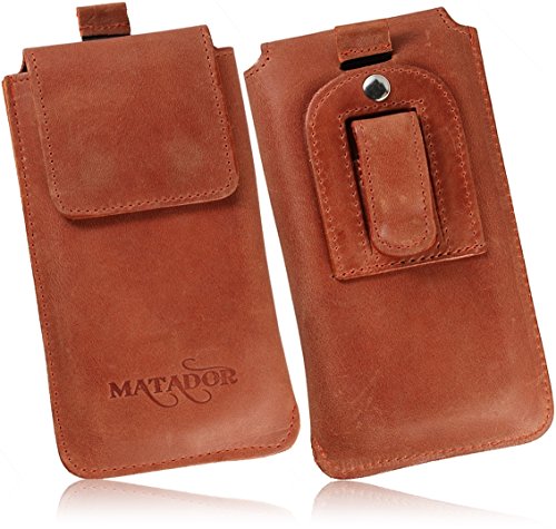 MATADOR Echt Ledertasche Handytasche Gürteltasche Vertikaltasche kompatibel mit Apple iPhone 8/12/13 Mini Magnetverschluss Gürtelclip/Gürtelschlaufe (Easy Out System) von MATADOR