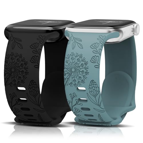 MATCHEASY Floral Gravierte Silikon Armband Kompatibel mit Apple Watch 40mm 41mm 38mm 44mm 45mm 42mm 49mm für Damen, Sport Armbänder Kompatibel für iWatch Armband Se 9 8 7 6 5 4 3 Ultra, 2 Stück von MATCHEASY