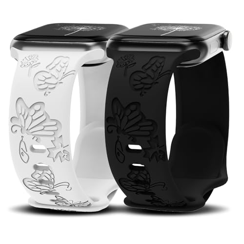 MATCHEASY Floral Gravierte Silikon Armband Kompatibel mit Apple Watch 40mm 41mm 38mm 44mm 45mm 42mm 49mm für Damen, Sport Armbänder Kompatibel für iWatch Armband Se 9 8 7 6 5 4 3 Ultra, 2 Stück von MATCHEASY