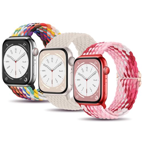 MATCHEASY Geflochtenes Armband Kompatibel mit Apple Watch 41mm 40mm 38mm 45mm 44mm 42mm 49mm für Damen und Herren, Elastisches Nylon Band für iWatch SE 9 8 7 6 5 4 3 2 Ultra, 3 Stück von MATCHEASY