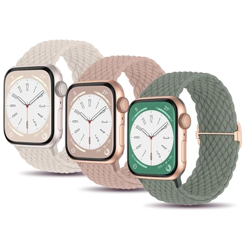 MATCHEASY Geflochtenes Armband Kompatibel mit Apple Watch 41mm 40mm 38mm 45mm 44mm 42mm 49mm für Damen und Herren, Elastisches Nylon Band für iWatch SE 9 8 7 6 5 4 3 2 Ultra, 3 Stück von MATCHEASY