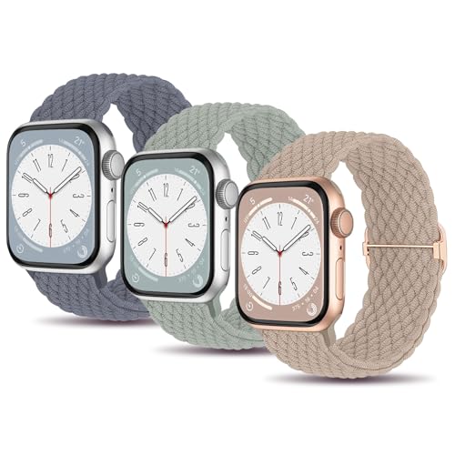 MATCHEASY Geflochtenes Armband Kompatibel mit Apple Watch 41mm 40mm 38mm 45mm 44mm 42mm 49mm für Damen und Herren, Elastisches Nylon Band für iWatch SE 9 8 7 6 5 4 3 2 Ultra, 3 Stück von MATCHEASY