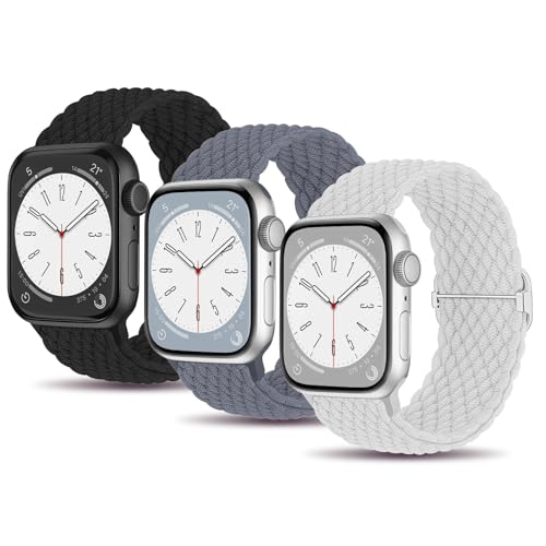 MATCHEASY Geflochtenes Armband Kompatibel mit Apple Watch 41mm 40mm 38mm 45mm 44mm 42mm 49mm für Damen und Herren, Elastisches Nylon Band für iWatch SE 9 8 7 6 5 4 3 2 Ultra, 3 Stück von MATCHEASY