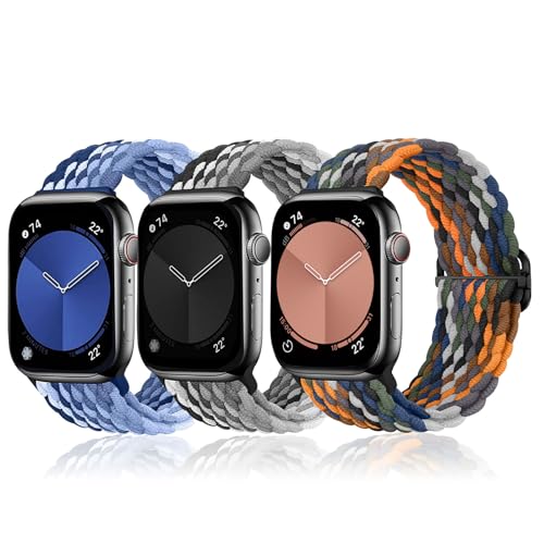 MATCHEASY Geflochtenes Solo Loop Kompatibel mit Apple Watch Armband 38mm 40mm 41mm, Dehnbarer Eastisch Sport Nylon band für iWatch Series 9/8/7/SE/6/5/4/3/2 Ultra Damen Herren, 3 Stück von MATCHEASY