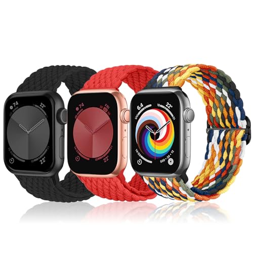 MATCHEASY Geflochtenes Solo Loop Kompatibel mit Apple Watch Armband 38mm 40mm 41mm, Dehnbarer Eastisch Sport Nylon band für iWatch Series 9/8/7/SE/6/5/4/3/2 Ultra Damen Herren, 3 Stück von MATCHEASY