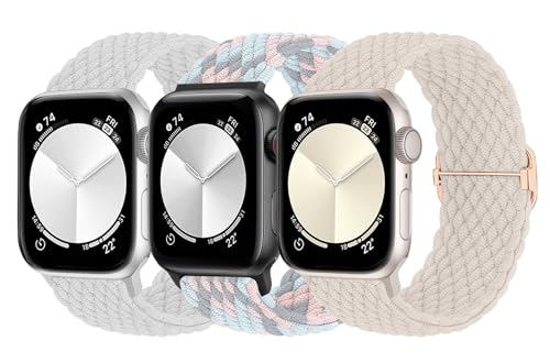 MATCHEASY Geflochtenes Solo Loop Kompatibel mit Apple Watch Armband 38mm 40mm 41mm, Dehnbarer Eastisch Sport Nylon band für iWatch Series 9/8/7/SE/6/5/4/3/2 Ultra Damen Herren, 3 Stück von MATCHEASY