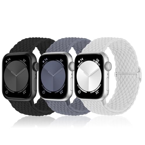 MATCHEASY Geflochtenes Solo Loop Kompatibel mit Apple Watch Armband 45mm 44mm 42mm 49mm, Dehnbarer Eastisch Sport Nylon band für iWatch Series 9/8/7/SE/6/5/4/3/2 Ultra Damen Herren, 3 Stück von MATCHEASY