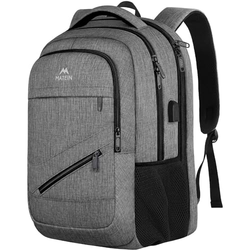 MATEIN Laptop Rucksack 17 Zoll, Große Herren Wasserdicht Reisen Tasche Arbeit Business Schulrucksack mit USB Ladeanschluss, Anti Diebstahl TSA Backpack Teenager Daypack Damen, Grau von MATEIN