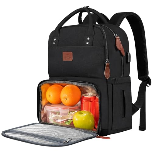 MATEIN Lunch Rucksack, Laptop Rucksack Herren 15,6 Zoll mit Isoliertes Kühlfach, Kühlrucksack mit USB Ladeanschluss, Wasserdicht Kühltasche Lunch Tasche für Damen Reisen Arbeit, Schwarz von MATEIN