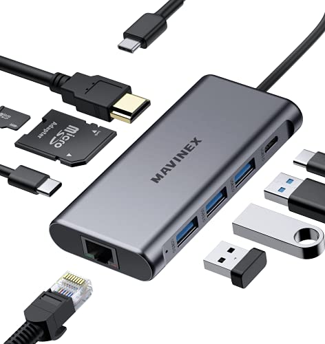 USB C Hub 9 in 1, MAVINEX Docking Station USB C auf 4K HDMI, 100W PD Charging, 5Gbps USB C Datenport, 3 USB 3.0 Ports, MicroSD/TF, 1Gbps Ethernet USB C Adapter für MacBook, XPS und mehr Type C Geräte von MAVINEX
