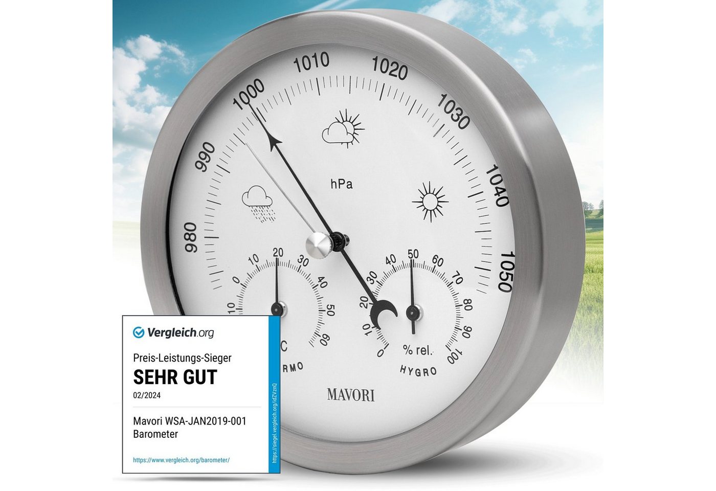 MAVORI Wetterstation analog - 3in1 Barometer, Hygrometer & Thermometer Wetterstation (inkl. Befestigungsmaterial für Wandmontage, mechanische Messung - ohne Batterie oder flüssige Substanzen) von MAVORI