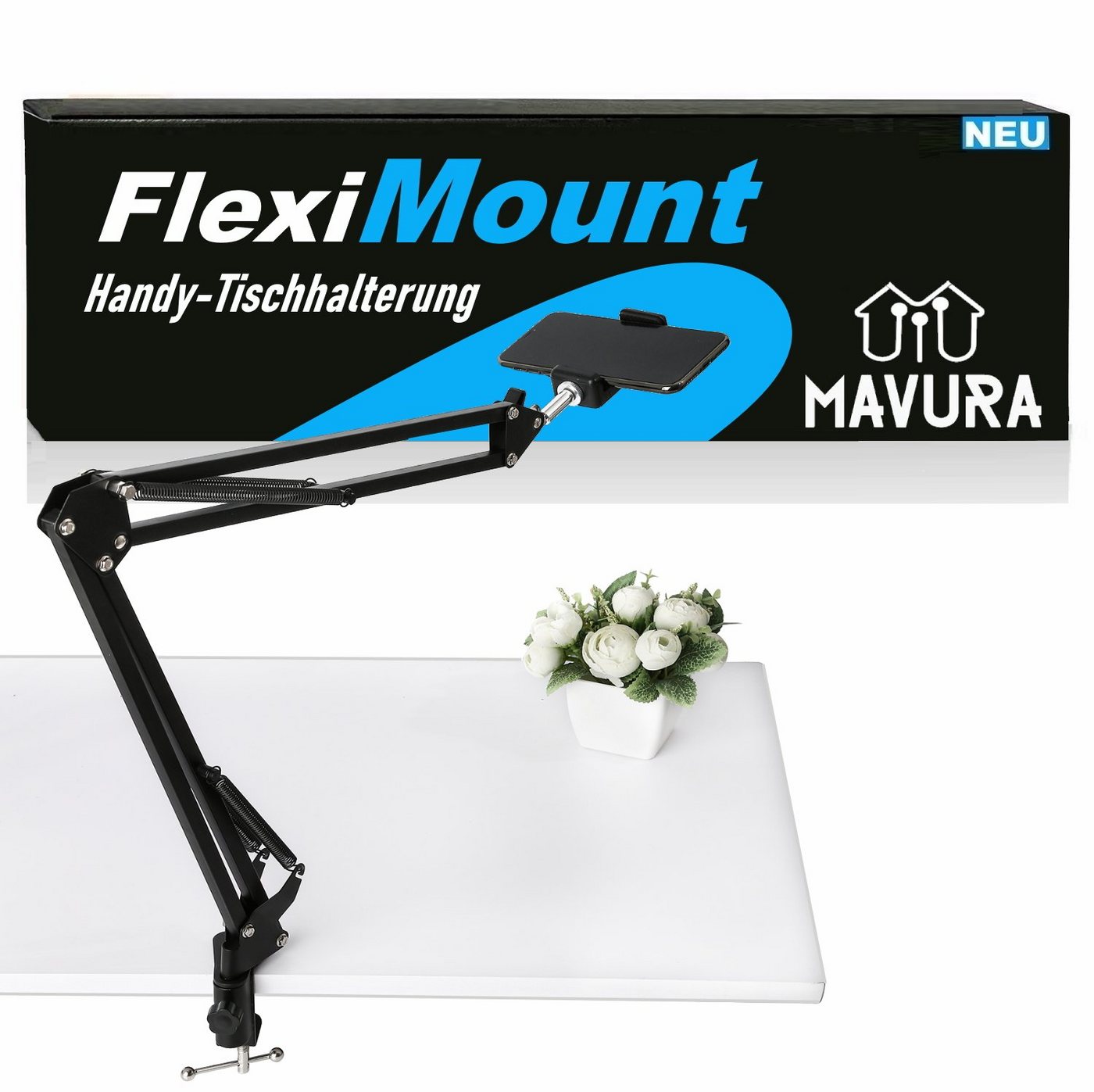 MAVURA FlexiMount Universal Smartphone Tablet Tischhalter Tablet-Halterung, (Handy Mikrofon Bett & Tischhalterung 360° verstellbar) von MAVURA