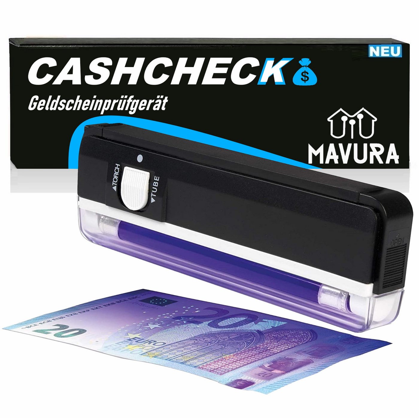 MAVURA Geldscheinprüfgerät CASHCHECK Geldtester Geldprüfer Handgerät UV-Lampe Geldscheinprüfer, Schwarzlichtlampe Geldscheintester Geldprüflampe UV Fälschungstester von MAVURA