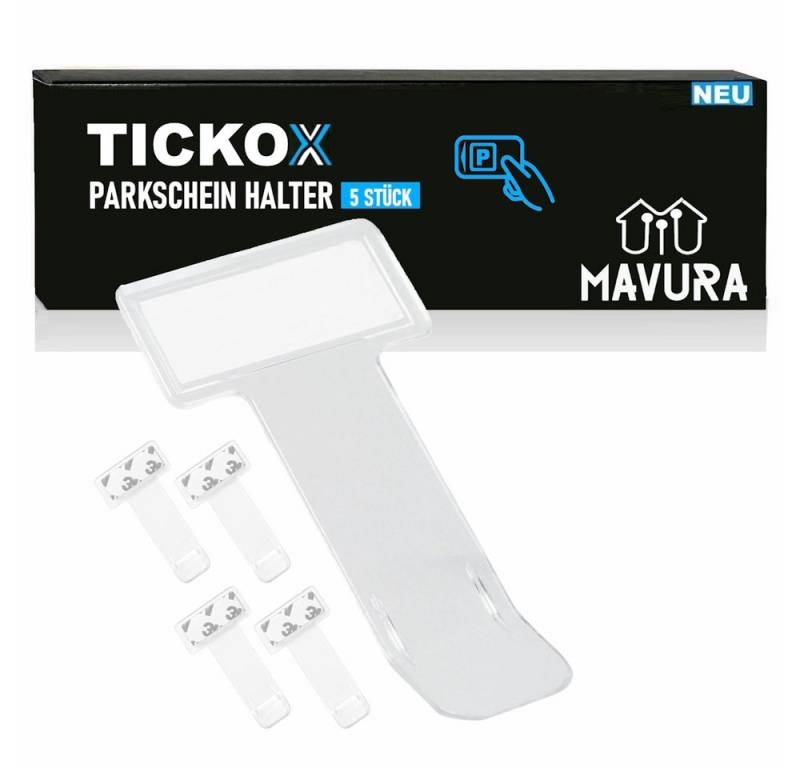 MAVURA Klemmhalter TICKOX Tickethalter Park Schein Ticket Halter Parkscheinhalter, Klemmplaketten Set zum aufkleben auf Frontscheibe [5er] von MAVURA