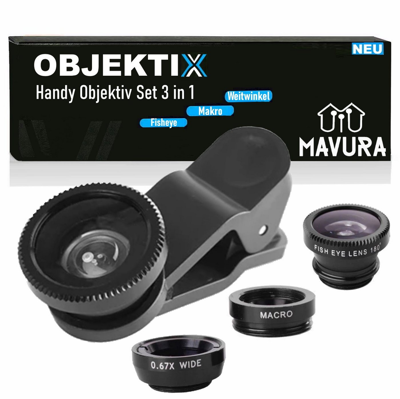 MAVURA OBJEKTIX Universal Handy Objektiv Set 3in1 Smartphone Linsen Objektiv, (Fisheye + Weitwinkel + Makro Kamera) von MAVURA