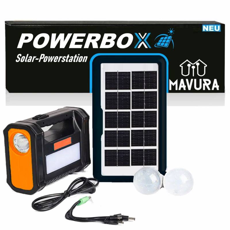 MAVURA POWERBOX Solar Power Station mit Solarpanel Solargenerator Powerstation, Mini Akku Kraftwerk Powerbank mit LED Leuchten tragbar von MAVURA