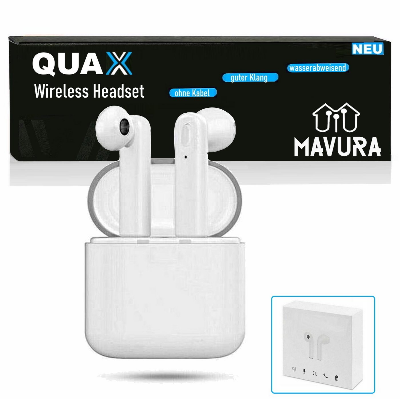 MAVURA QUAX Wireless Bluetooth Kopfhörer - Universal In Ear Kopfhörer Headset wireless In-Ear-Kopfhörer (Kopfhörer, für Iphone Samsung HTC LG Huawei weiß) von MAVURA