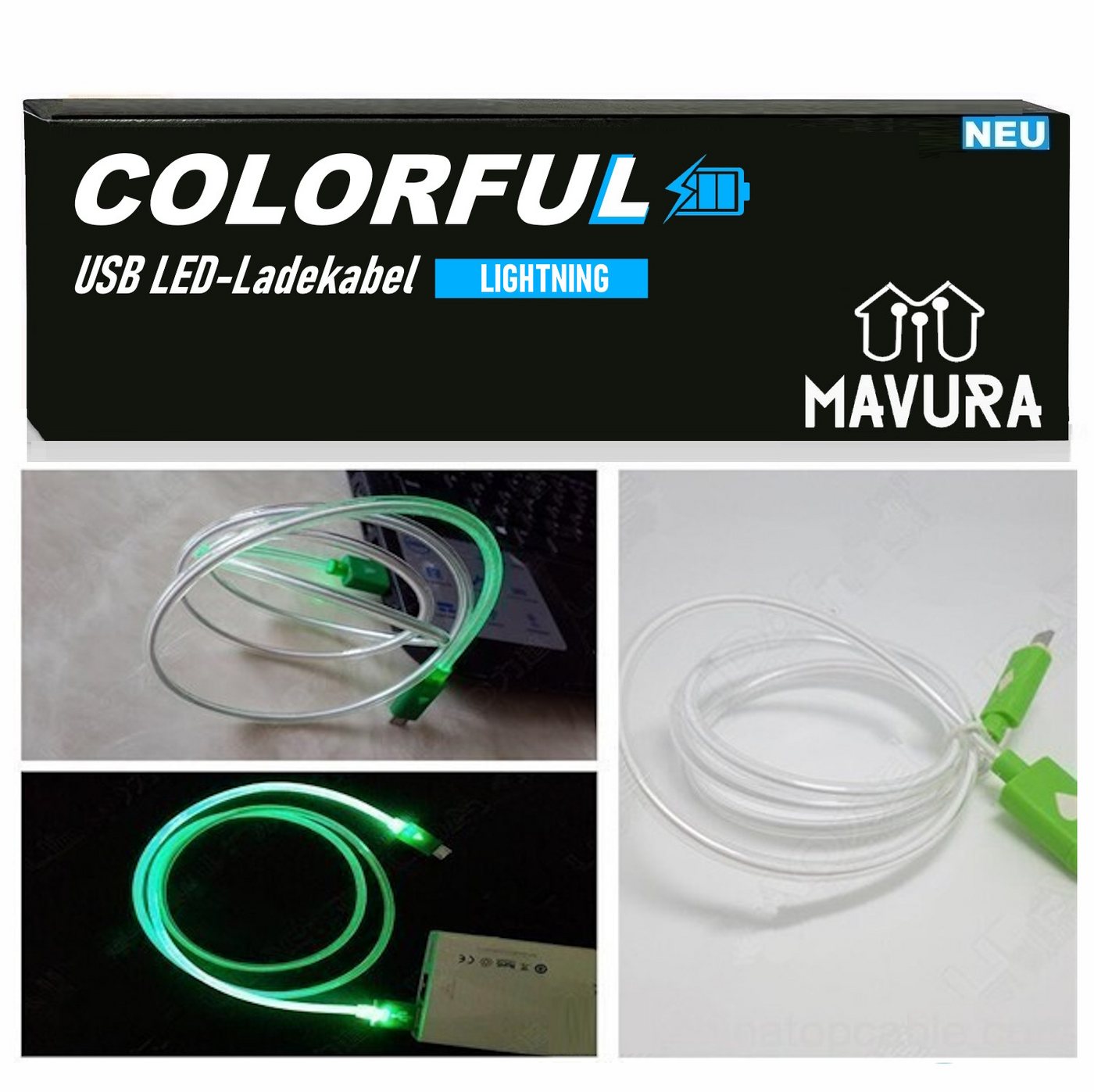 MAVURA COLORFUL USB LED Ladekabel Datenkabel Leuchtkabel Lightningkabel, Kabel, für Apple Iphone Ipad 1m von MAVURA