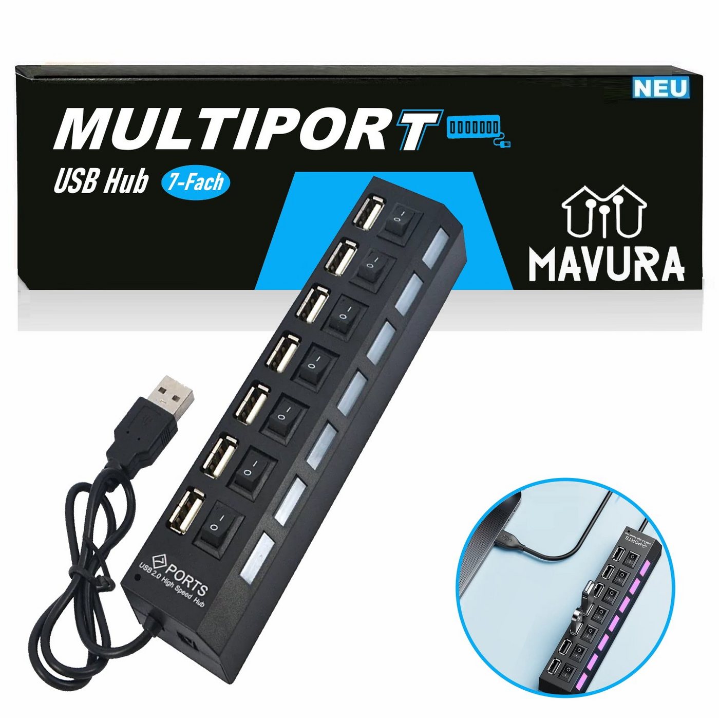MAVURA USB-Verteiler MULTIPORT USB Hub 7-fach Port Splitter Adapter (Superspeed Datenhub), mit Aktiv Netzteil Verteiler für PC Laptop Notebook von MAVURA