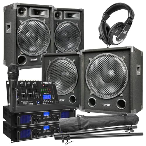 MAX-1215 - DJ Boxen Komplett Set Anfänger - 2200 Watt Peak - 2.2 DJ-Set - 2X Subwoofer, 2X Topteile, 2X Verstärker für Subs und Topteile, Tripod Stative, Kopfhörer, Mikrofon und DJ Mischpult von MAX