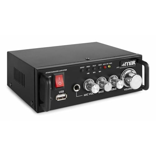 MAX AV340 Mini HiFi Verstärker mit Bluetooth 100 Watt - Kompakter Mini Verstärker HiFi Stereo, RCA AUX Input, BT, USB MP3-Player, Kleiner Karaoke-Verstärker MIC Input - Schwarz MAX AV340 Mini HiFi Verstärker mit Bluetooth 100 Watt - Kompakter Mini Verstärker HiFi Stereo, RCA AUX Input, BT, USB MP3-Player, Kleiner Karaoke-Verstärker MIC Input - Schwarz von MAX