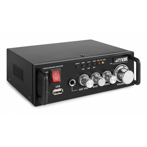 MAX AV340 Mini HiFi Verstärker mit Bluetooth 100 Watt - Kompakter Mini Verstärker HiFi Stereo, RCA AUX Input, BT, USB MP3-Player, Kleiner Karaoke-Verstärker MIC Input - Schwarz von MAX