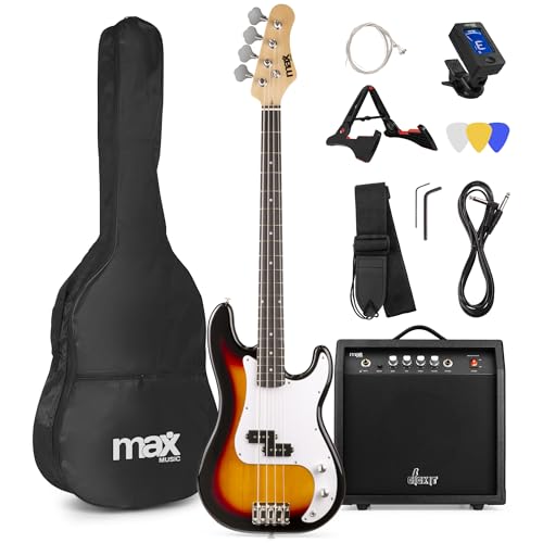 MAX GigKit Bassgitarre Set, E Bass Gitarre, Bass Guitar mit Gitarrenverstärker, Tasche, Stimmgerät, Plektren, Ständer, Gurt, Kabel und Ersatzsaiten - 21 Bünde - Sunburst von MAX