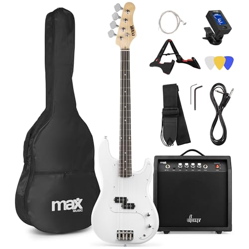 MAX GigKit Bassgitarre Set, E Bass Gitarre, Bass Guitar mit Gitarrenverstärker, Tasche, Stimmgerät, Plektren, Ständer, Gurt, Kabel und Ersatzsaiten - 21 Bünde - Weiß von MAX