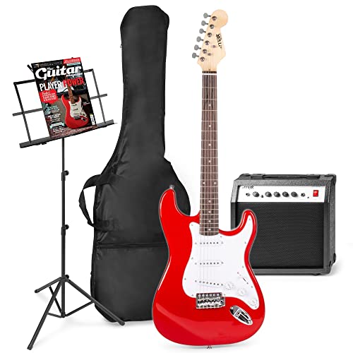 MAX GigKit E-Gitarre Set - Gitarrenverstärker 40 Watt, Electric Guitar, Notenständer, Gitarrentasche, Stimmgerät, Instrumentenkabel, Gitarrengurt und Zubehör - Rot von MAX