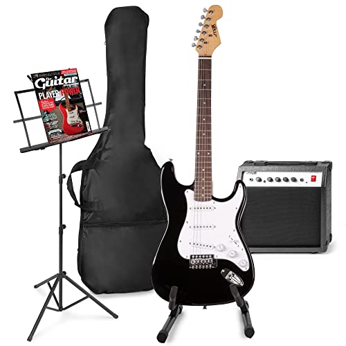 MAX GigKit E-Gitarre Set - Gitarrenverstärker 40 Watt, Elektrische Gitarrensetuitar, Gitarrrenständer, Notenständer, Gitarrentasche, Stimmgerät, Instrumentenkabel, Gurt und Zubehör - Schwarz von MAX