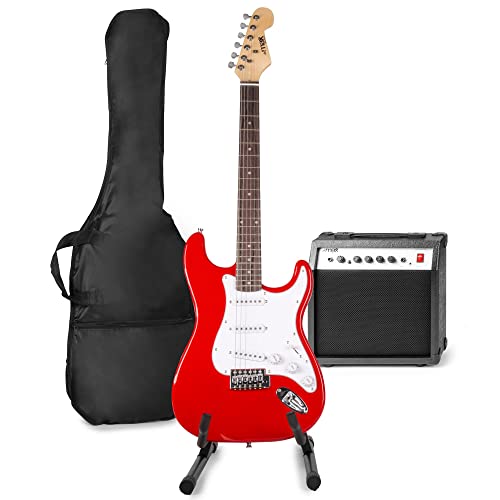 MAX GigKit E-Gitarre Set - Gitarrenverstärker 40 Watt, Gitarrenständer, Gitarrentasche, Stimmgerät, Instrumentenkabel, Gurt und Zubehör - Rot von MAX