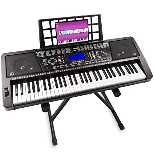 MAX KB12P - Midi Keyboard 61 Tasten, Keyboard mit Ständer, Anschlagdynamik, Midi Anschluss, Pitch Rad, 345 Sounds, 40 Demos, 128 Rhythmen, Notenständer, Digital Piano E Piano - Schwarz von MAX