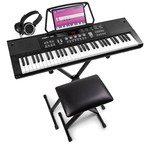 MAX KB15 - Keyboard Mit Ständer, Hocker, Mikrofon Und Kopfhörer, Piano Mit 61 Tasten Und Display, 8h Akku, LCD Display, 70 Songs, Für Anfänger, 26 Klangarten, 8 Percussion, USB-C von MAX