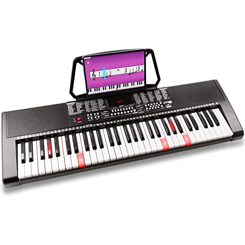 MAX KB5 - Digital Piano Keyboard für Anfänger, 61 Leuchttasten Lernsystem, Notenständer, 255 Sounds, 255 Rhythmen, Begleitautomatik, 3 stufiger Trainingsfunktion, E Klavier, Keyboard Piano - Schwarz von MAX