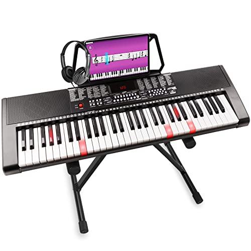 MAX KB5 - Digital Piano Keyboard für Anfänger Set, 61 Leuchttasten, Keyboard mit Ständer, Kopfhörer, 255 Sounds, 255 Rhythmen, Begleitautomatik, 3 stufiger Trainingsfunktion, Keyboard Piano - Schwarz von MAX