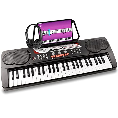 MAX KB8 - Digital Piano Keyboard Kinder Klavier, 49 Tasten, mit Kopfhörer, Notenständer, 6 Demo-Songs, 16 Sounds, 10 Rhythmen, E Klavier, Keyboard Piano für Anfänger, Einsteiger - Schwarz von MAX