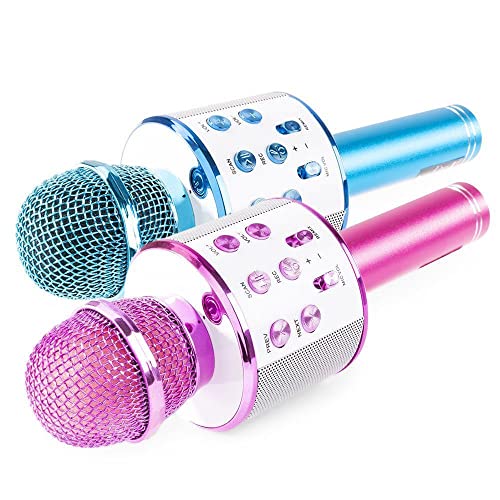 MAX KM01 2x kabellose Karaoke-Mikrofone für Kinder mit u. a. Bluetooth, eingebauten Lautsprechern, Micro-SD, USB, Voice Scrambler - 2x blau von MAX