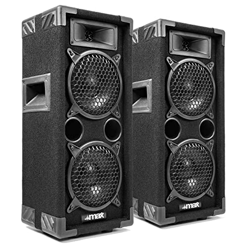 MAX MAX26 PA Lautsprecher passiv, DJ Boxen, 1200 Watt Peak, Partyboxen Set mit Griffe, 2 x 6 Zoll Doppel-Tieftöner, DJ Party Lautsprecher Paar, Lautsprecherbox, Schwarz von MAX