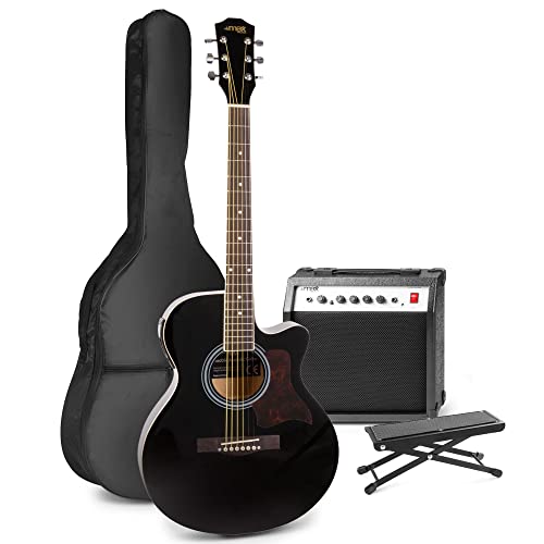 MAX ShowKit Elektrische Akustikgitarre, Akustische E-Gitarre Set - Gitarrenverstärker 40 Watt, Fußbank, Gitarren-Stimmgerät, Gitarrentasche und Plektrum - Schwarz von MAX
