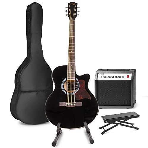 MAX ShowKit Elektrische Akustikgitarre, Akustische E-Gitarrre Set - Gitarrenverstärker 40 Watt, Gitarrenständer, Fußbank, Gitarren-Stimmgerät, Gitarrentasche und Plektrum - Schwarz von MAX