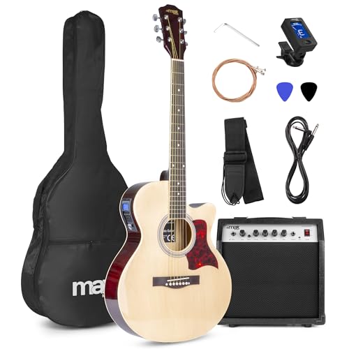 MAX ShowKit Elektro Akustik Gitarre Set mit Verstärker 40 Watt, Gitarrentasche, Gitarrenstimmgerät, Instrumentenkabel, Plektrum und E Akustikgitarre mit Tonabnehmer, Natur Holz von MAX