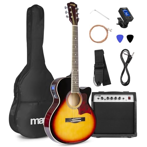 MAX ShowKit Elektro Akustik Gitarre Set mit Verstärker 40 Watt, Gitarrentasche, Gitarrenstimmgerät, Instrumentenkabel, Plektrum und E Akustikgitarre mit Tonabnehmer, Sunburst von MAX