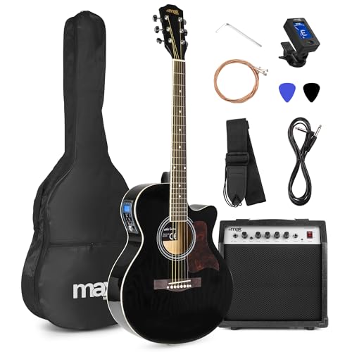 MAX ShowKit Elektro Akustik Gitarre Set mit Verstärker 40 Watt, Gitarrentasche, Gitarrenstimmgerät, Instrumentenkabel, Plektrum und E Akustikgitarre mit Tonabnehmer Schwarz von MAX