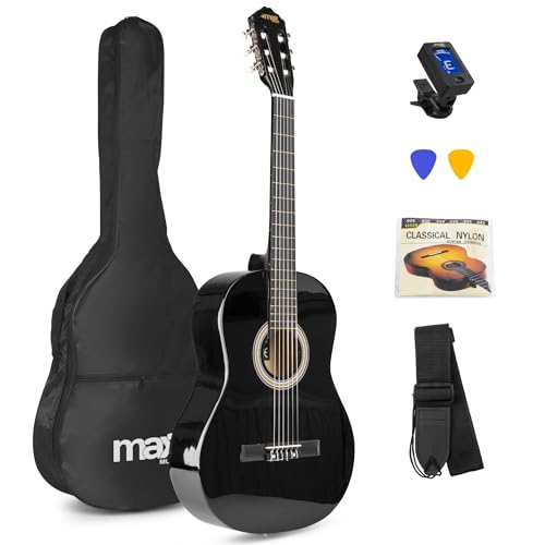 MAX SoloArt - 4/4 Akustik Gitarre für Anfänger Einsteiger Erwachsene - Akustikgitarre inkl. Tasche, Stimmgerät, Plektrum, Gurt und Zubehör - Acoustic, Konzertgitarre in Schwarz von MAX
