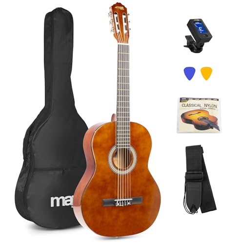 MAX SoloArt - 4/4 Akustik Gitarre für Anfänger Einsteiger Erwachsene - Akustikgitarre inkl. Tasche, Stimmgerät, Plektrum, Gurt und Zubehör - Acoustic Guitar, Konzertgitarre in Holz-Braun von MAX