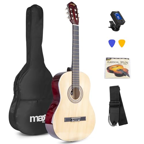 MAX SoloArt - 4/4 Akustik Gitarre für Anfänger Einsteiger Erwachsene - Akustikgitarre inkl. Tasche, Stimmgerät, Plektrum, Gurt und Zubehör - Acoustic Guitar, Konzertgitarre in Naturholz von MAX