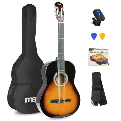 MAX SoloArt - 4/4 Akustik Gitarre für Anfänger Einsteiger Erwachsene - Akustikgitarre inkl. Tasche, Stimmgerät, Plektrum, Gurt und Zubehör - Acoustic Guitar, Konzertgitarre in Sunburst von MAX