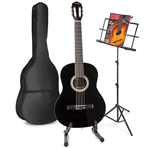 MAX SoloArt Akustik Gitarre mit Tasche, Notenständer und Gitarrrenständer, Stimmgerät, Plektrum, Gurt und Zubehör - Spanische Akustik-Gitarre für Anfänger, Konzertgitarre in Schwarz von MAX