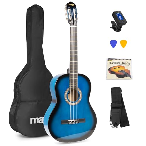 MAX SoloArt Konzertgitarre 4/4, Akustik Gitarre für Anfänger mit Tasche, Stimmgerät, Plektrum, Gurt und Zubehör, Acoustic Guitar, Akustikgitarre in Blau von MAX