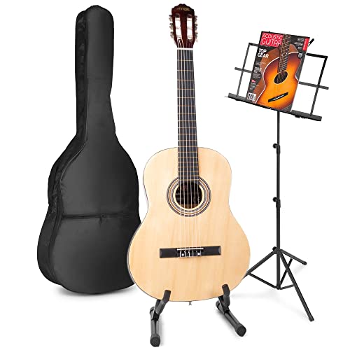 MAX SoloArt akustische Gitarre mit Tasche, Notenständer und Gitarrrenständer, Stimmgerät, Plektrum, Gurt und Zubehör - Spanische Akustik-Gitarre für Anfänger, Konzertgitarre in Holz-Natur von MAX